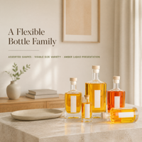 Bouteilles d'emballage en verre transparent assorties, de formes et de tailles variées, avec bouchons légers, pour l'affichage de liquides ambrés, idéales pour les marques personnalisées.
