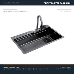 Évier de cuisine Workstation 750x450mm en acier inoxydable 304 noir canon de fusil PVD, avec robinet numérique à effet pluie - Product Image 5