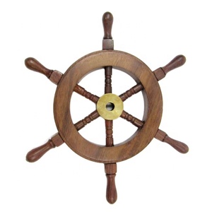Rueda de barco de madera con mango náutico decorativo con cubo de latón para fabricación y exportación de decoración del hogar - Product Image 1