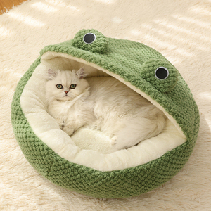 Lit pour animaux de compagnie de luxe design grenouille dessin animé confortable nid de chiot en peluche grotte petit chat rond maison pour chiens - Product Image 3