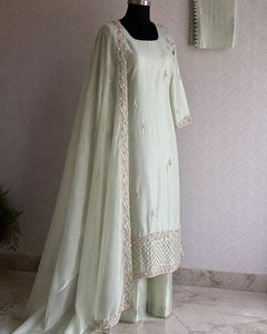 Elegant Satin <b>Silk</b> <b>Kurta</b> Pant Set with Glass Organza Dupatta Featuring Full Zardozi Dabka and Resham Embroidery Designer Ethnic - Product Image 4