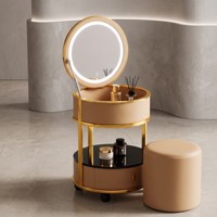 Station de maquillage moderne en acier inoxydable et bois de pin avec miroir LED 3 couleurs, chargeur de téléphone sans fil et roulettes universelles pour chambre à coucher