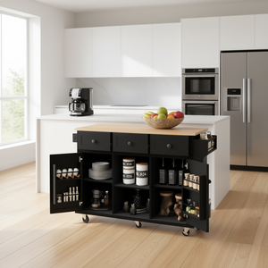 Îlot de cuisine moderne noir avec 3 tiroirs, 6 étagères, chariot de rangement en bois d'hévéa avec roulettes et espace de rangement interne - Product Image 2