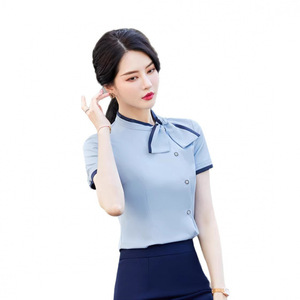 Women's Professional Short Sleeve Shirt Solid Color Ribbon Collar Workwear For Hotel Receptionist Beauty Salon Uniform Set - Product Image 5