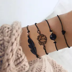 2021 Bohemia Bangles Leaf Knot Hand Cuff Chain Charm Bracelet Love Leaves 4 PCs Set Women Bracelet