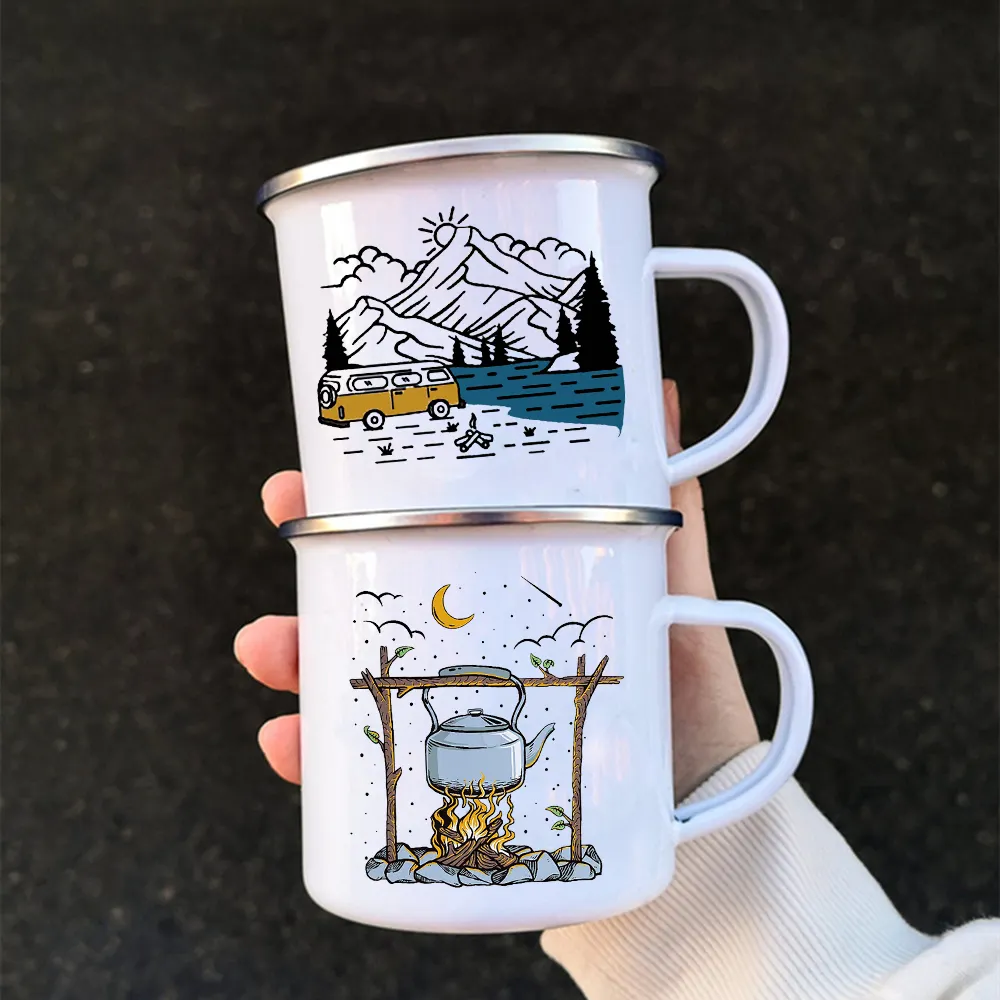 Hamning toptan özel süblimasyon boşlukları 12oz gümüş jant emaye açık kamp kupa kahve çay kulplu fincan