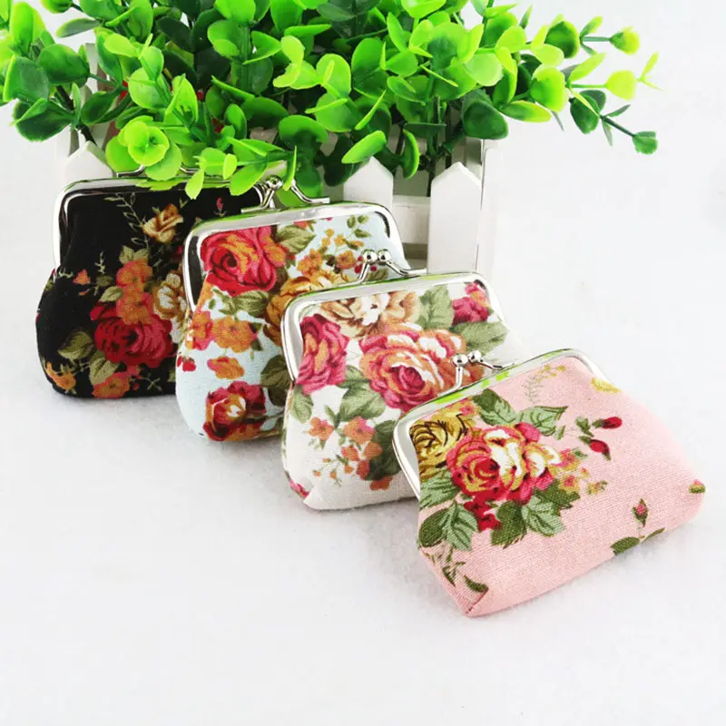 Sac à main en toile vintage à motifs floraux avec moraillon pour femme rose petit portefeuille mignon porte-monnaie à fleurs