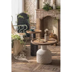 Innova Home Outdoor space-saving storage wonderful homemade rustic metal base wood top tray round carved side coffee table