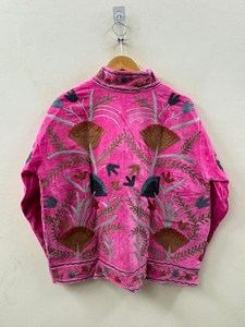 <b>Pink</b> Velvet Suzani Animal Print Quilted Lace Cotton Breathable Button Winter Handmade Uzbek Embroidered Boho <b>Jacket</b> Women Bulk - Product Image 4