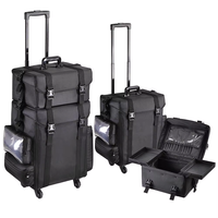 Valise de maquillage OEM en nylon à motif losanges, sac de voyage souple à roulettes pour cosmétiques avec 4 roues détachables