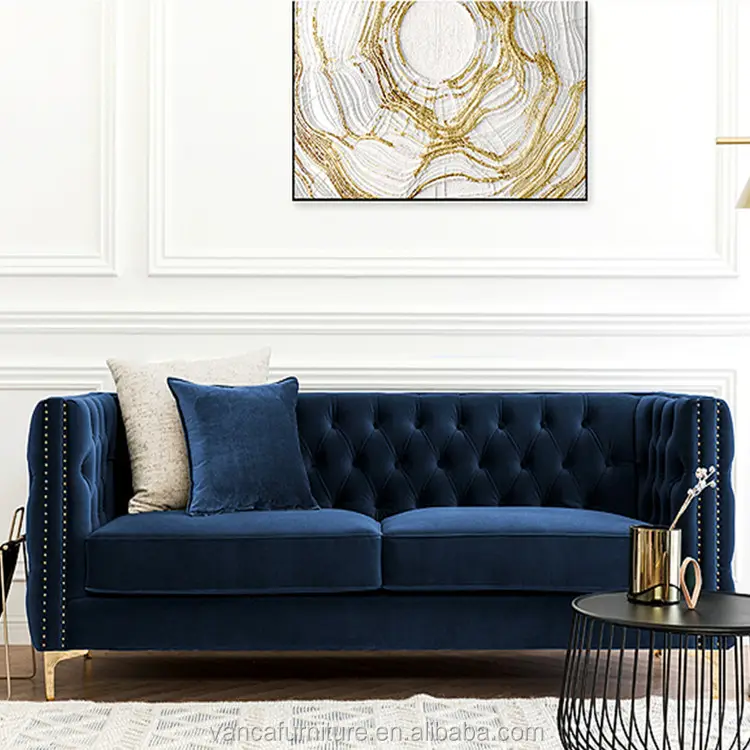 Houten Frame Donkerblauw Fluwelen 2 Seat Hotel Chesterfield Sofa Met Goud Been