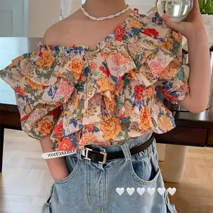 2021 도매 반소매 블라우스 프릴 꽃 라글란 소녀 셔츠