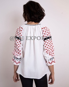 Women Bohemian Embroidered Organza Blouse Bow Collar <b>Balloon</b> Sleeves <b>White</b> Red Floral Print Loose Fit 100% Polyester Summer Wear - Product Image 2