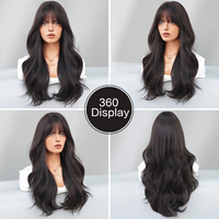 Perruque synthétique noire bouclée de 26 pouces avec frange, effet mat, pour femme, cheveux longs et bouclés, aspect naturel