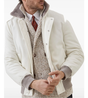 Veste pour homme LEDUO beige clair avec fermeture éclair à boutons-pression sur le devant, deux poches latérales, col en peau de mouton, poignets et ourlet côtelés