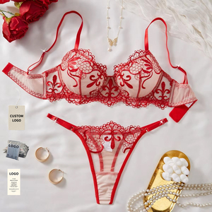 Conjunto de Lencería Íntima Transparente en Negro y Rojo, Conjunto de 2 Piezas, Lencería Sexy de Encaje con Bordado de Malla - Product Image 1