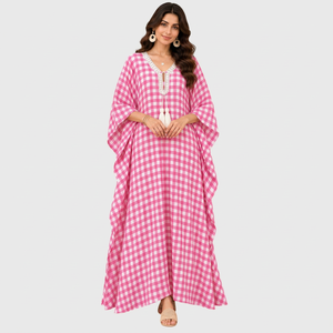 Robe longue kaftan rose à carreaux pour femme, col en V, modeste, avec pompon - Product Image 1