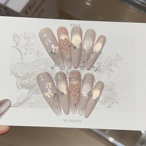 [Confessions des Sucreries Tendres] Faux ongles sculptés style française purement séduisante, rose cerisier scintillant, effet œil de chat, nœud papillon - Product Image 1