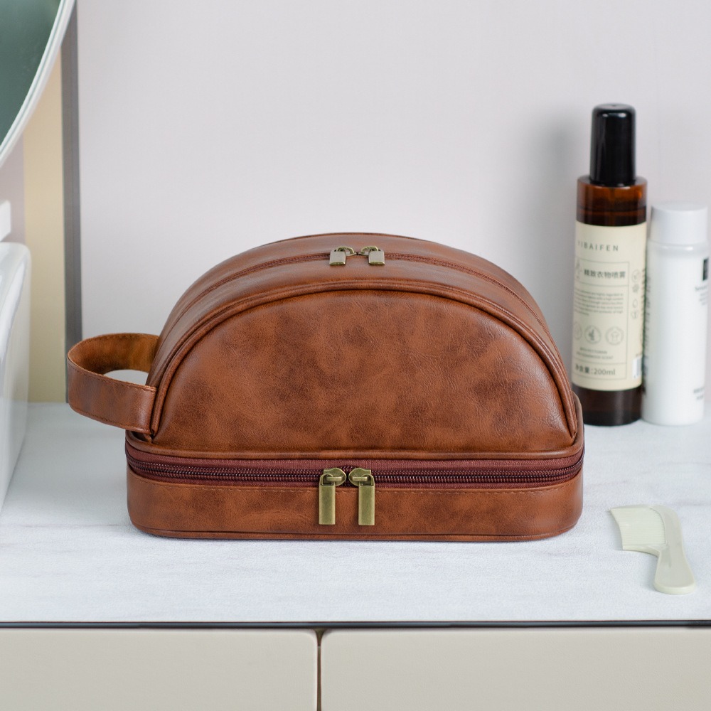 Retro Portable Large Capacity Waterproof Travel Men's Toiletry Makeup Bag Double Layer Cosmetic Bag with Handle