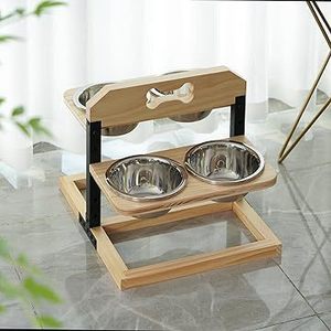 Soporte de madera para comedero de mascotas, elevado, para perros y gatos, con tazones de acero inoxidable, altura ajustable, comedero para perros - Product Image 1