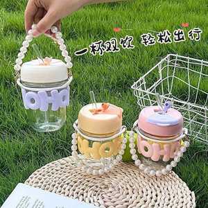 High-value Cute Ins Girls Cartoon <b>Glass</b> Pearl <b>Chain</b> Cup Letter <b>Glass</b> Water Cup Cold Drink Cup - Product Image 2