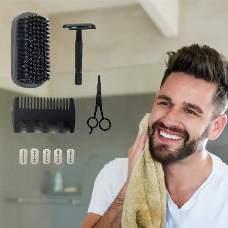 Cepillo para Barba para hombres, Juego de 4 piezas con 100% cerdas de jabalí de primer corte para domar y suavizar tu vello facial