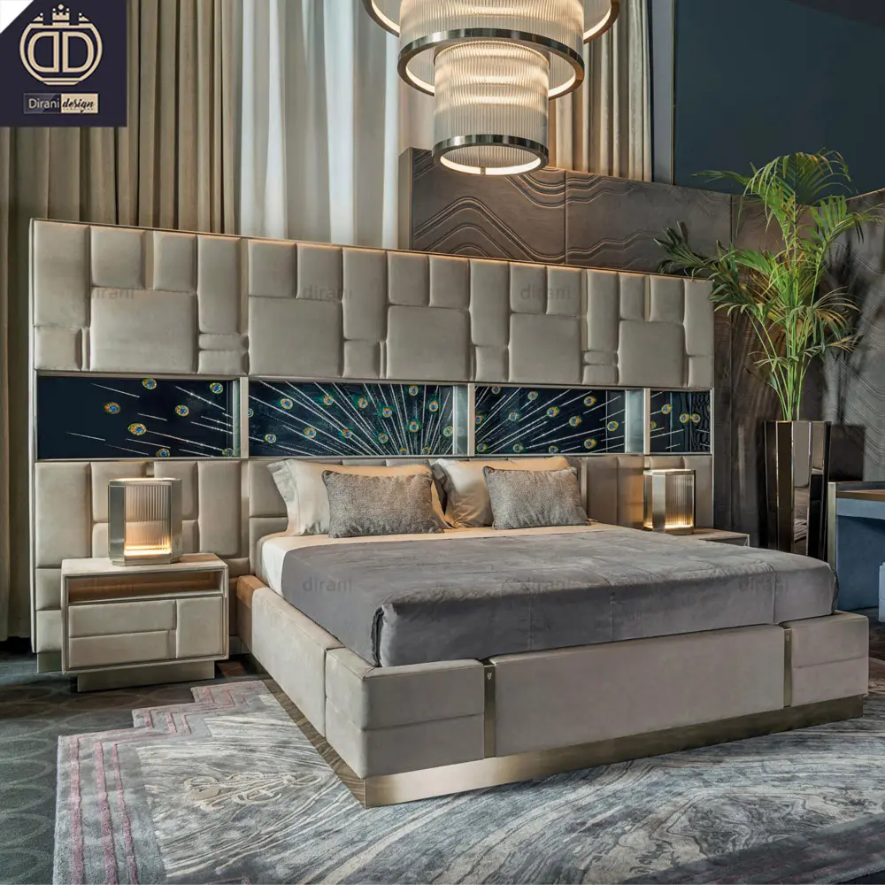 नवीनतम फैंसी पिक्चर डिजाइनर डबल इतालवी बिस्तर विला फर्नीचर चमड़े के ज्यामितीय डिजाइन हेडबोर्ड रानी राजा आकार बिस्तर