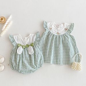 2025 nuevo bolso a cuadros de verano para niña Bebé Ropa de pedo súper lindo bordado conejo liebre manga voladora ligero 2 uds sólido - Product Image 2