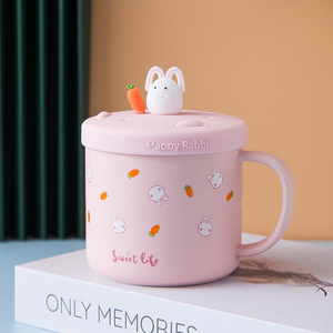 แก้วนมน่ารักลายการ์ตูน แก้วชาเซรามิก แก้วกาแฟลายกระต่ายน่ารัก พร้อมฝาปิด - Product Image 4