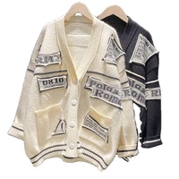 Cárdigan de Cachemira para mujer, suéter de punto de manga larga con cuello en V de Color sólido con bolsillo y patrón de letras, stock de moda disponible