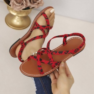Women Leopard Print Flat <b>Sandals</b> Crisscross Strap <b>Elastic</b> Ankle Strap Summer Casual Beach Ladies <b>Sandals</b> Wholesale - Product Image 3