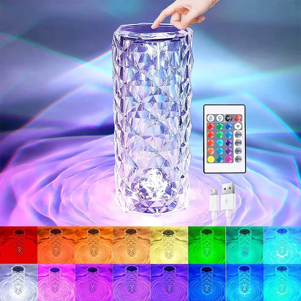LED Rose Crystal Christmas Gift 16 Colors Acrylic Crystal RGB Remote Control Desk Lights Touch Atmosphere Rose Table Lamp