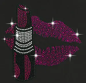 Yzx batom personalizado verificado, pedra brilhar fabricante rosa lábios strass transferência ferro em camisas