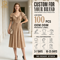 Robe longue à carreaux personnalisée 2026 pour femme, élégante, décontractée, d'été, ajustée, style swing, avec manches bouffantes, longueur midi