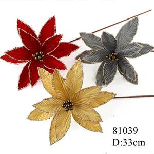 Tige de fleurs pointus en tissu classique, 1 pièce, avec paillettes, pour décoration d'arbre de noël, vente en gros #81039 - Product Image 4