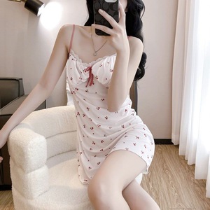 French Floral Print Nightgown Women Sleeveless <b>Padded</b> Bra Soft Breathable Home Sleepwear Summer Style Woven Polyester - Product Image 2