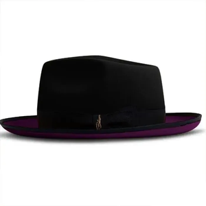 Black <b>purple</b> Fedora <b>Hat</b> With Tan Brim Unisex Adult 56-58CM Four Seasons Casual Wool Material Formal Style - Product Image 1