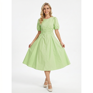 Robe longue décontractée pour femme, 100 % coton, sans manches, froncée, coupe trapèze, imprimé numérique, style campagnard français vintage - Product Image 1