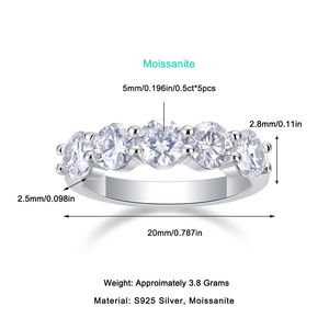 Beautiful Classic Engagement <strong>Moissanite</strong> Five Stone Ring Platinum Plated S925 Four Prong Set Sparkle Women's Jewelry - Product Image 5