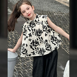 Completi Casual <span class=keywords><strong>per</strong></span> <span class=keywords><strong>Ragazze</strong></span> Camicia Floreale Bianca e Nera Jeans <span class=keywords><strong>Neri</strong></span> 100% Cotone Maniche a Farfalla - Product Image 5