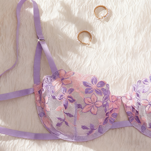 Ensemble de <span class=keywords><strong>lingerie</strong></span> en dentelle à deux pièces avec broderie florale sexy pour femmes, vêtements de nuit transparents, livraison directe - Product Image 2