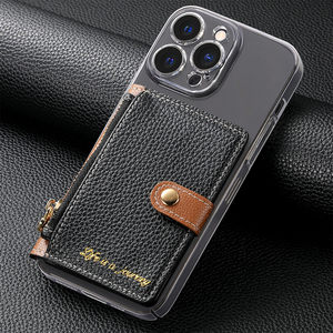 Cartera trasera con múltiples cremalleras de piel de lichi, tarjetero de crédito y identificación de PU grabado, venta al por mayor, con bloqueo RFID magnético para teléfono - Product Image 1
