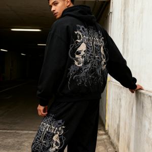 Conjunto Deportivo Estilo Vintage Urbano, Grueso, 500 g/m², Oversize, con Estampado, Tallas Grandes, Sudadera con Capucha y Pantalones Deportivos para Hombre - Product Image 3