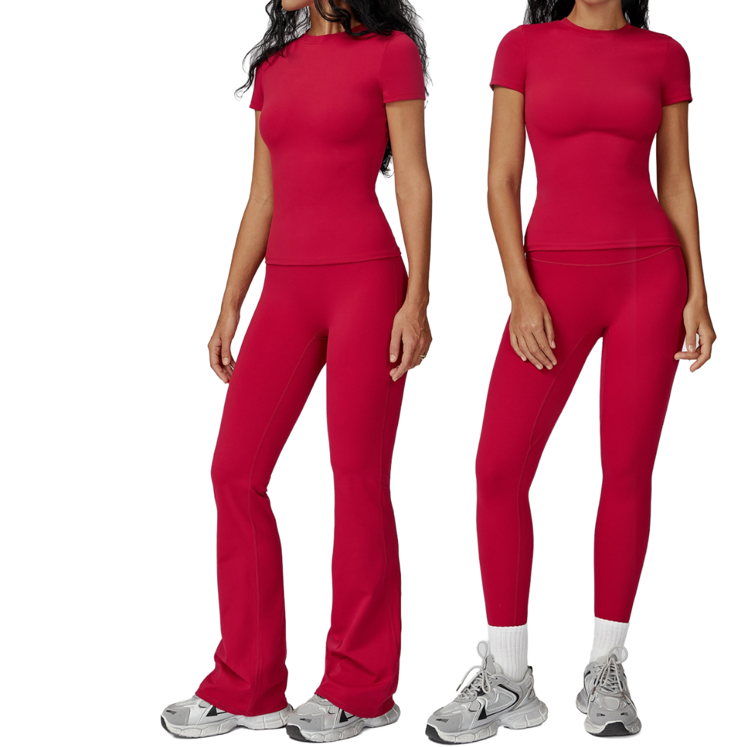 Women's High-Intensity Gym Wear Slim Crew Neck Yoga Set for Outdoor Running Solid Nylon Fabric Elastic Waist Nude Feel Fitness