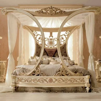 Cama con Dosel de Madera de Alta Gama, Tamaño Queen/King, Estilo Clásico Francés, Lujoso Marco de Cama con Dosel Dorado para Niñas