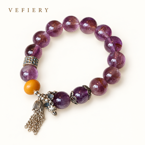 Purple Gemstone Round <b>Beaded</b> <b>Bracelet</b> with Yellow Accent Bead and Metal Tassel - Product Image 1