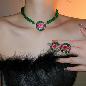 Heavy Crystal Necklace Set Retro Luxury <strong>Emerald</strong> Clavicle Chain Exaggerated Jewelry <strong>Beaded</strong> Chain Green Round Necklace - Product Image 1