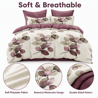 Parure de lit 3 pièces en polyester 100% motif floral aquarelle botanique feuille mauve, stock Pologne, pour dropshipping UE, hôtel et maison