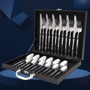 Top-Sell Wooden Box Stainless Steel Fork Knife Spoon Reusable Black Cutlery Set 24 Pcs Silver Flatware Sets