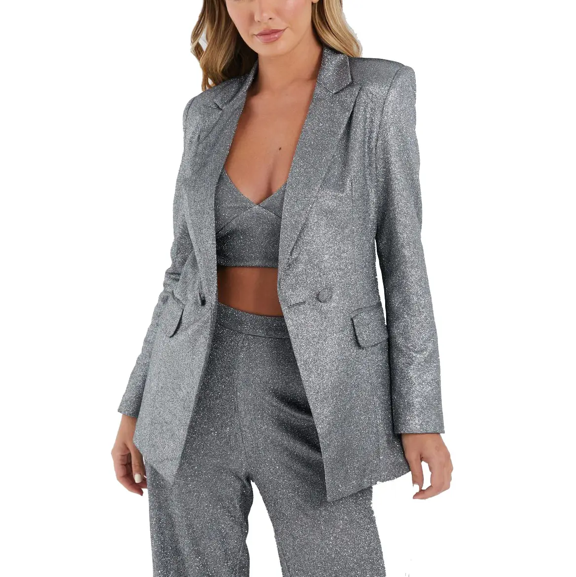 Giacca Blazer doppiopetto personalizzata OEM giacca donna tasca con patta argento Glitter Blazer su misura
